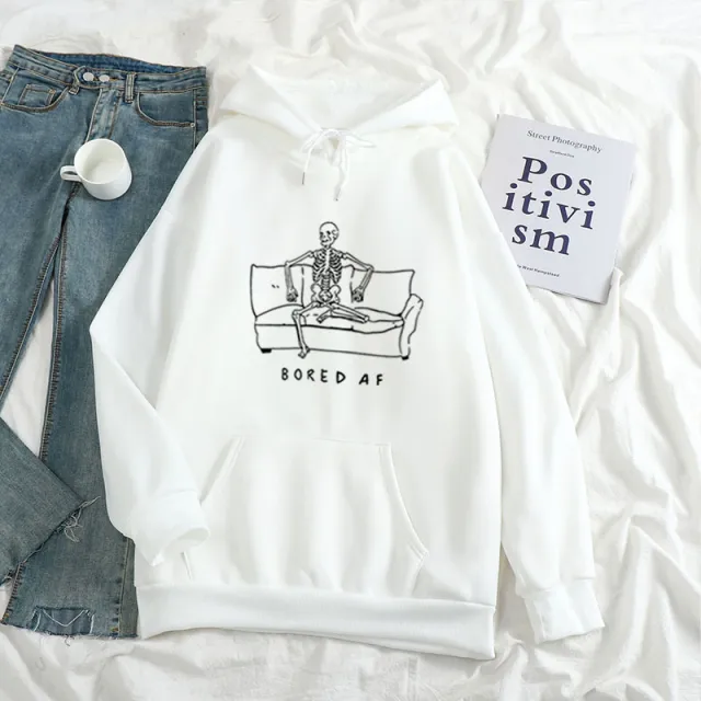 Funny Skull Sitting On The Sofa Printed Casual Hooded Sweater White - Shop at LoveMi