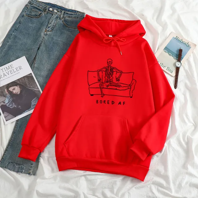 Funny Skull Sitting On The Sofa Printed Casual Hooded Sweater Red - Shop at LoveMi