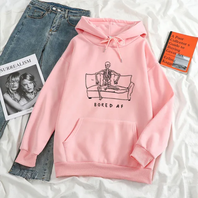 Funny Skull Sitting On The Sofa Printed Casual Hooded Sweater Pink - Shop at LoveMi