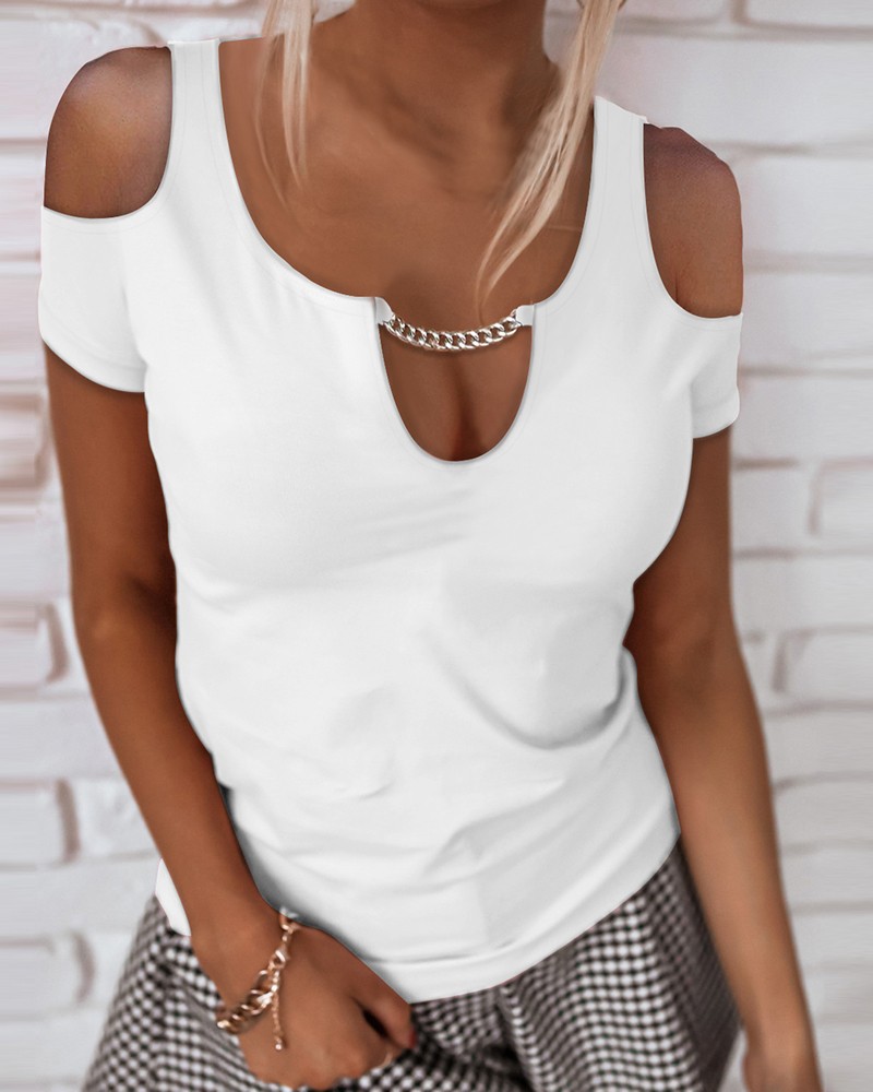 Title 3, Solid Color U Neck Chain Sexy Off The Shoulder ...