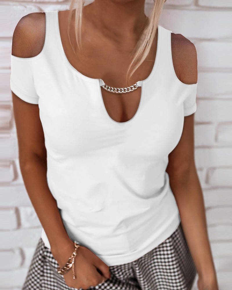 Solid Color U Neck Chain Sexy Off The Shoulder Women's Top