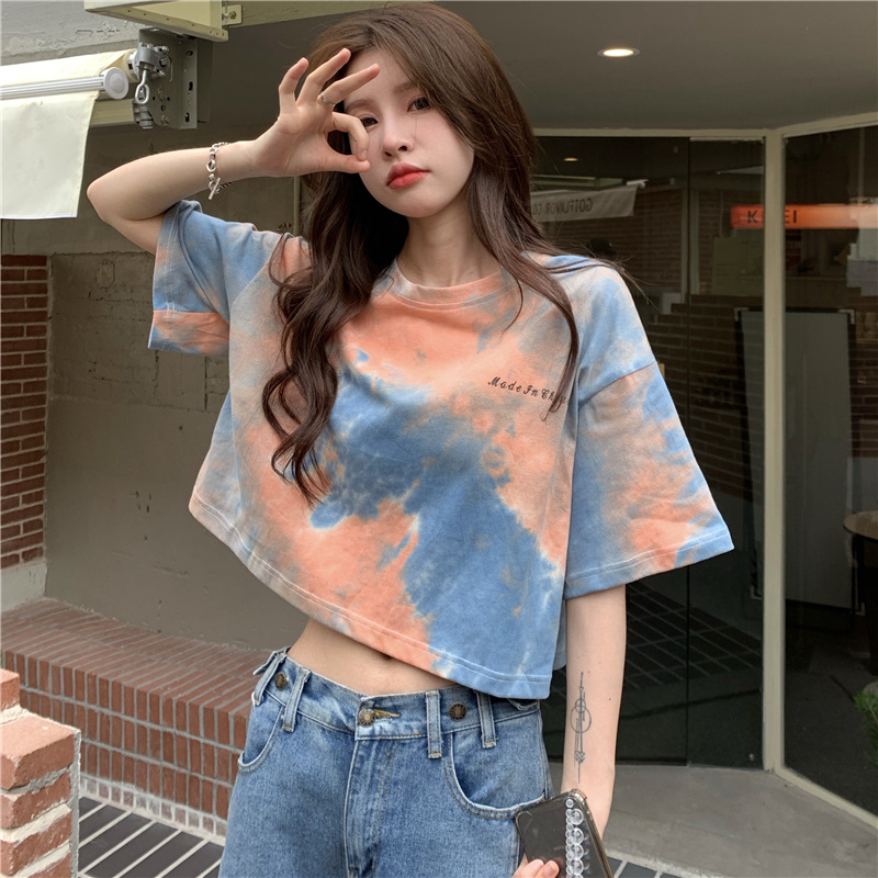 Cotton Short Cropped Tie-dye Starry Short Sleeves