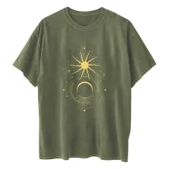 Ladies Retro Sun And Moon Element Positioning Printing Drop Shoulder Short Sleeved T Shirt - Army Green - View 1