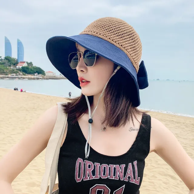 Hollow Bow Fisherman Hat Female Korean Style Tide All match Sun Hat Navy Blue - Shop at LoveMi