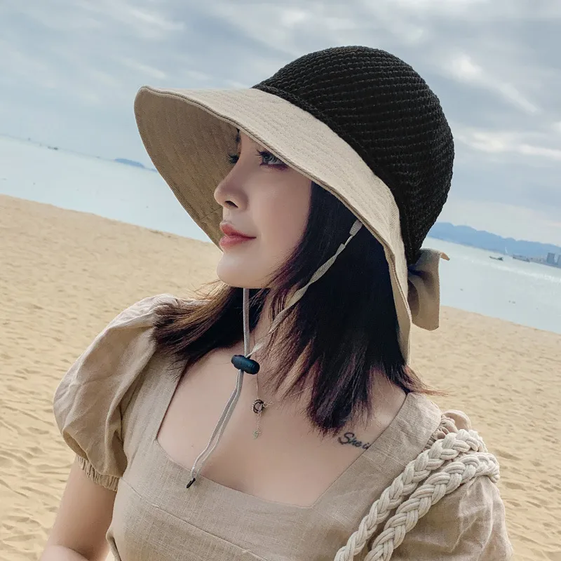 Hollow Bow Fisherman Hat Female Korean Style Tide All-match Sun Hat - Beige
