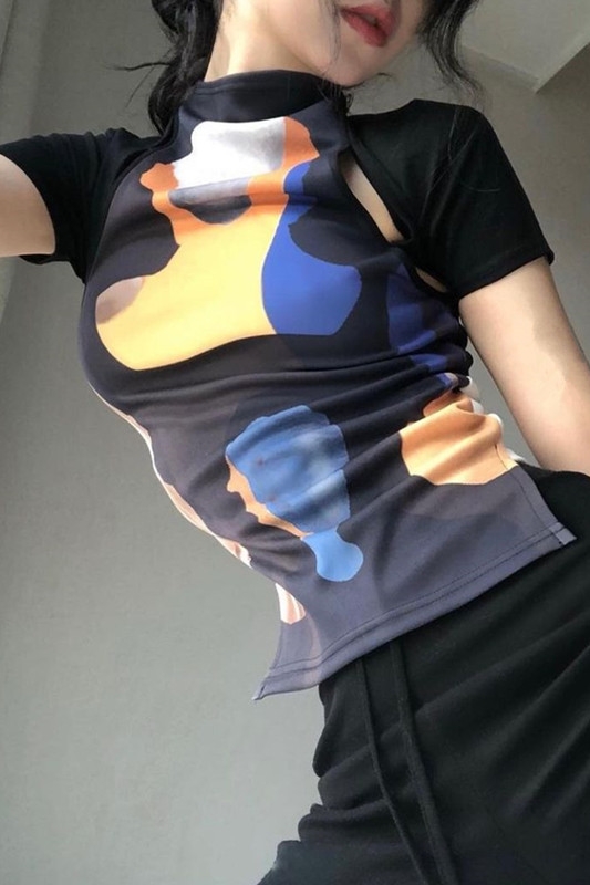 Printing Hollow Design Half High Collar T-shirt Female Xia Slim Split Irregular Top