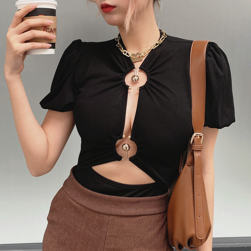 Buttoned Hollow One-Piece Tops Women's Spring Slim And Thin All-match T-shirt