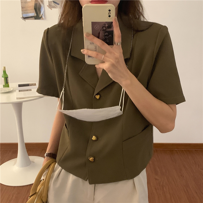 Korean Chic Summer Retro Simple Lapel Love Button Design Loose