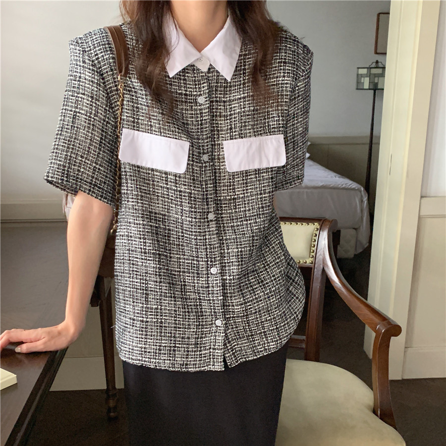 Single-breasted Contrast Pockets Loose Casual Thin Tweed Small Coat Women