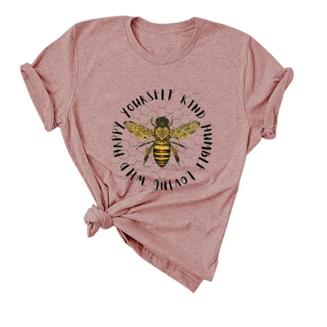 New Female Happy Your Self Kind Letter Print Short sleeved Casual Loose T shirt Pink - Shop at LoveMi