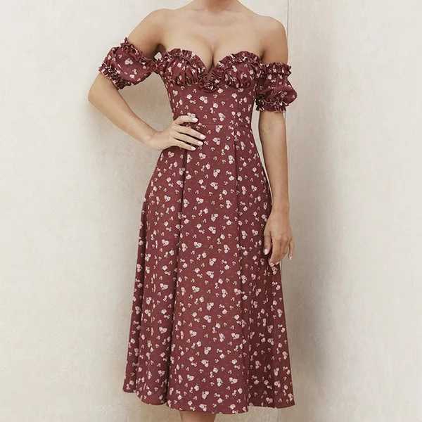 Summer Floral Print Dress Women Sexy Party Long Dresses Puff Short Sleeve Wine Red - Shop at LoveMi