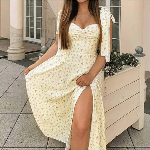 Summer Floral Print Dress Women Sexy Party Long Dresses Puff Short Sleeve Yellow - Shop at LoveMi