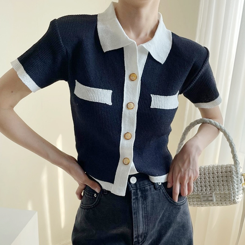 Contrasting Edging Single-Breasted Loose Cropped Sweater