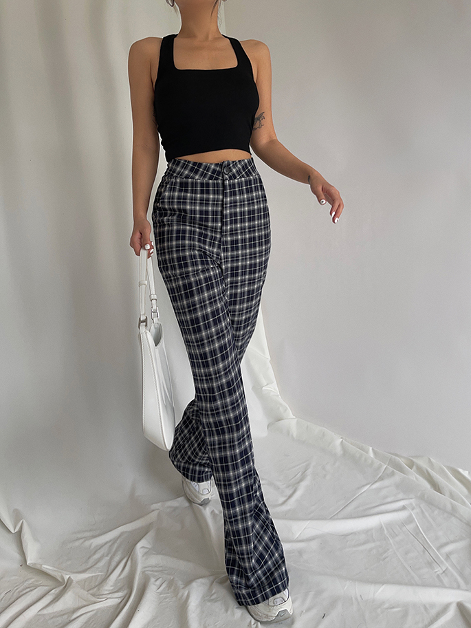 Title 3, Retro Slit Check Trousers High Waist Loose And ...