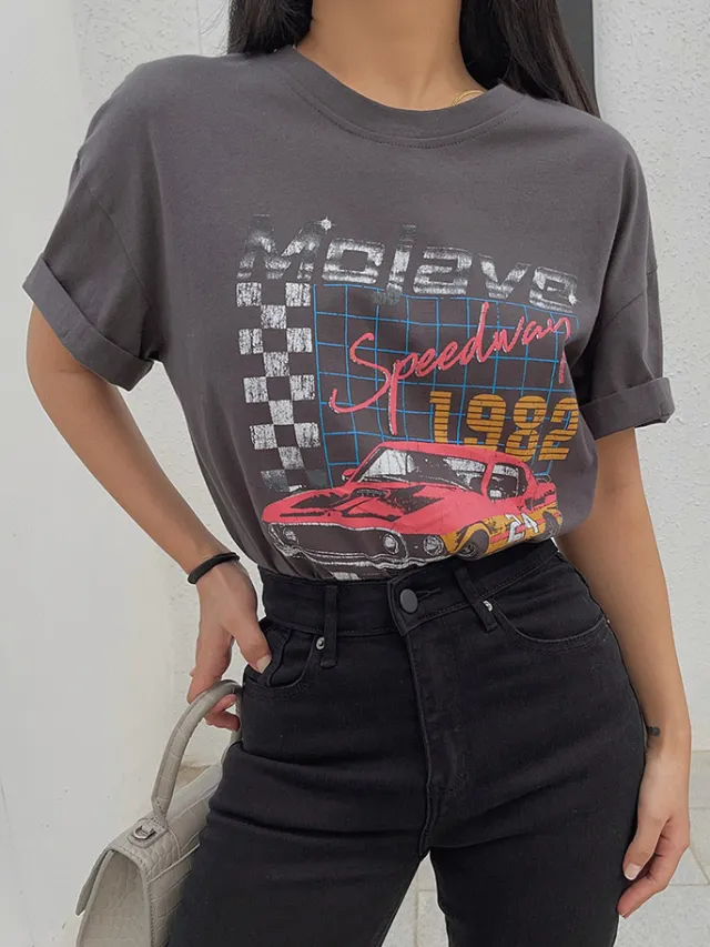 Cool Girl American Street Shooting Old Retro Racing Print T shirt Grey - Shop at LoveMi