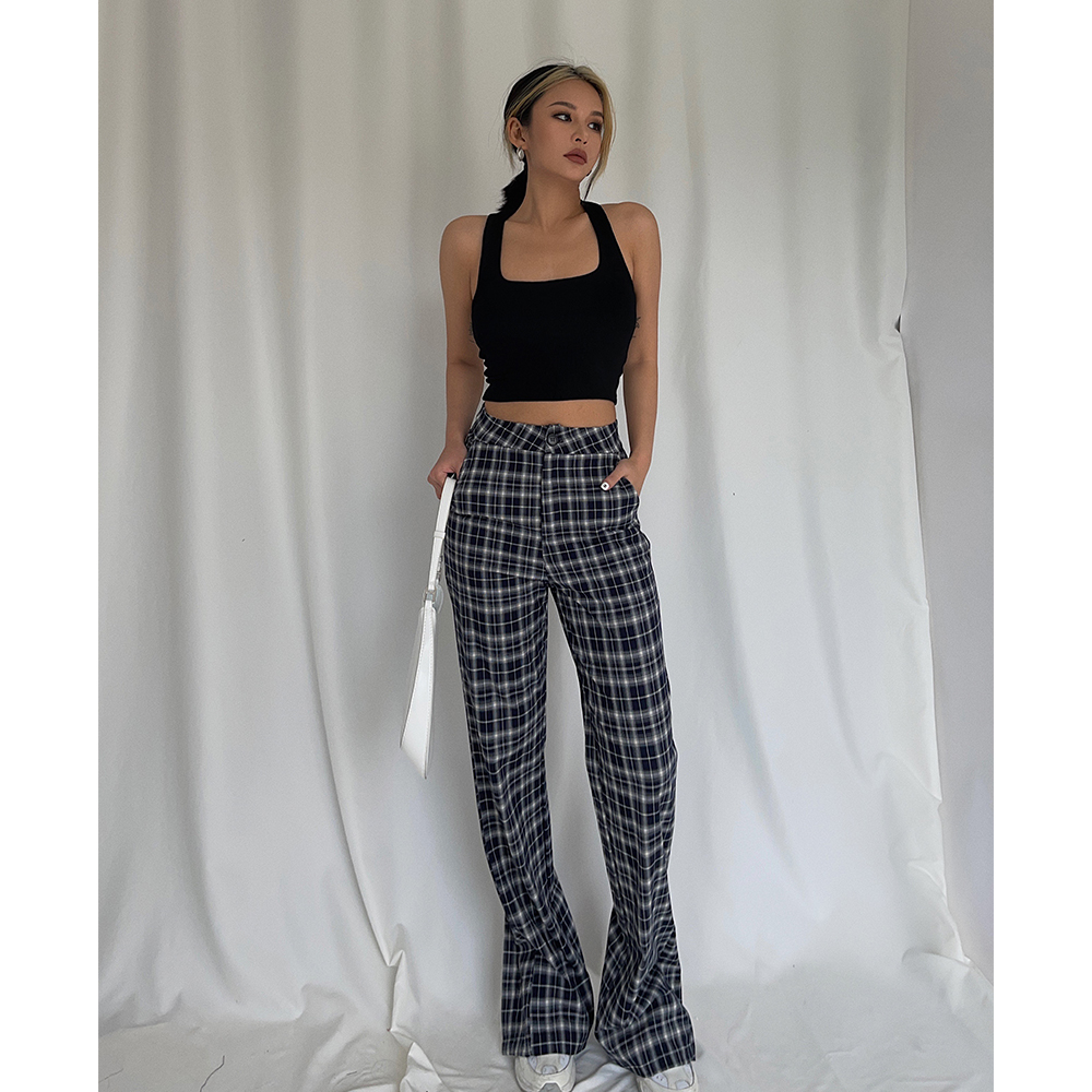 Retro Slit Check Trousers High Waist Loose And Thin