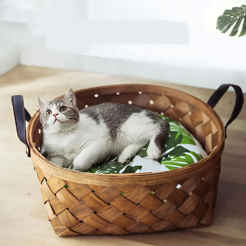 Bamboo Rattan Cat Bed House Kennel Nest Dog Bed