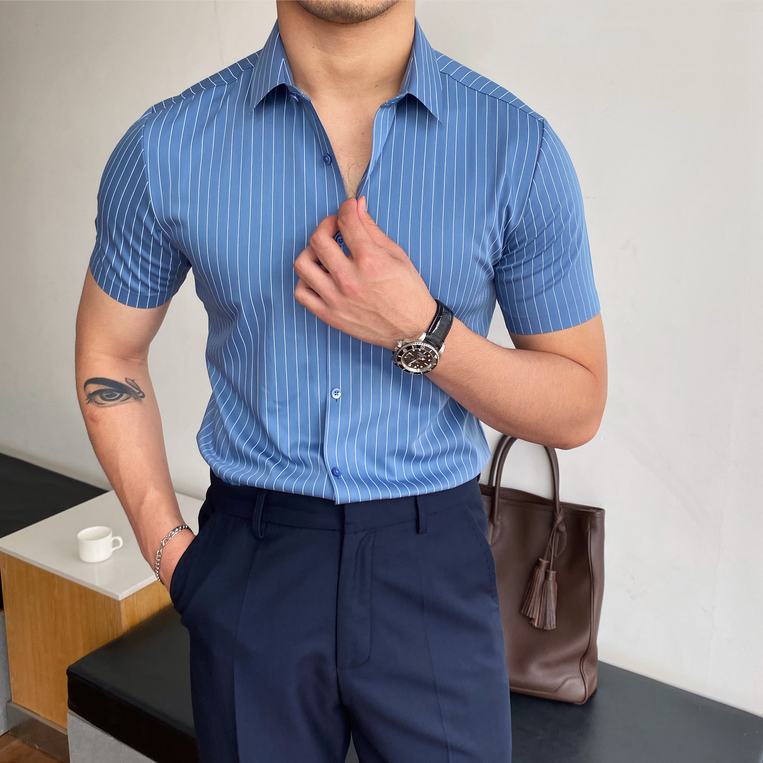 Men's Slim Fit Non-iron Striped Short-sleeved Shirt Korean Version Of The British Thin Section All-match Shirt Top