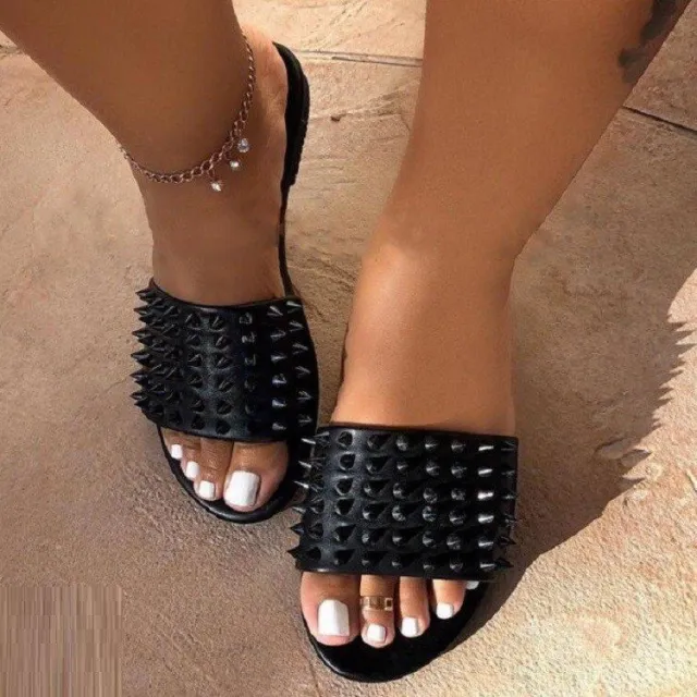 European And American Ladies Rivet Flat Sandals And Slippers Black - Shop at LoveMi