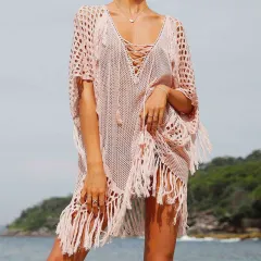 Knit Sweater Thin Knit Hanging Beard Beach Bikini Blouse - Pink - View 1