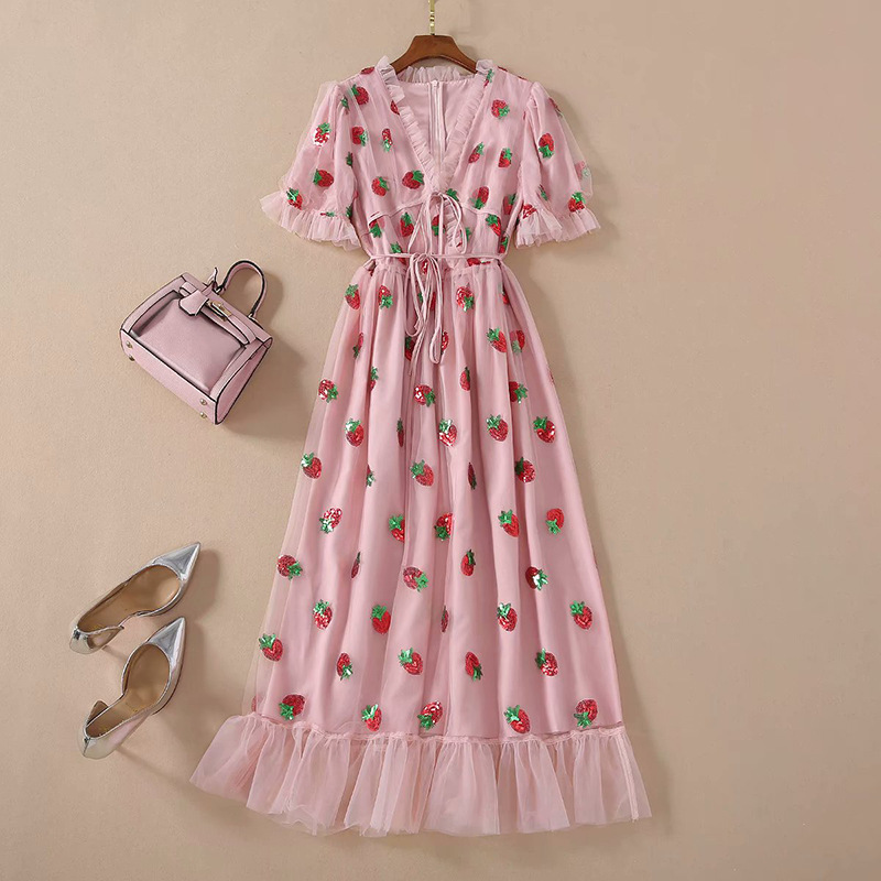 New Style Puff Sleeve Ruffled Mesh Embroidered Strawberry Dress — image 1