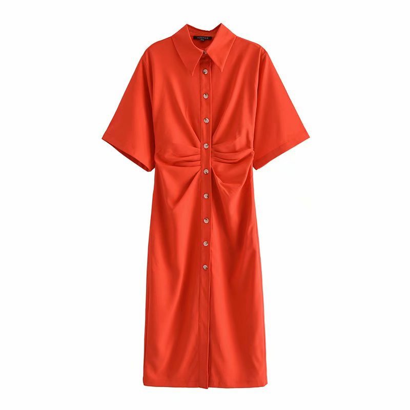 Summer Lapel Pleated Decorative Shirt-style Temperament Dress