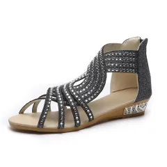 Rhinestone Fish Mouth Small Wedge Heel Roman Sandals - Black - View 1