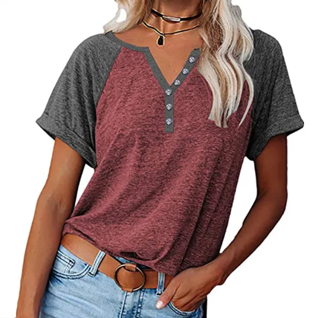 Summer New Fashion Color Matching Loose Large Size Short Sleeved T Shirt Wine Red - Shop at LoveMi