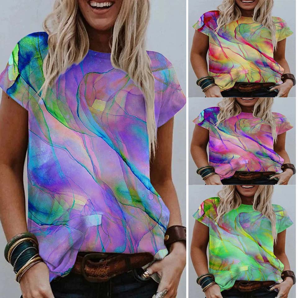 Women's Printed V Neck Short Sleeved Fashion Casual Loose T-Shirt Cotton