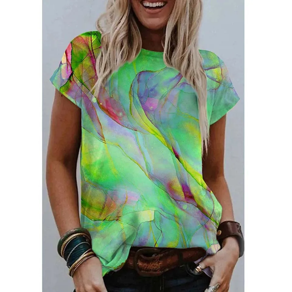 Women's Printed V Neck Short Sleeved Fashion Casual Loose T-Shirt Cotton - 4.Style