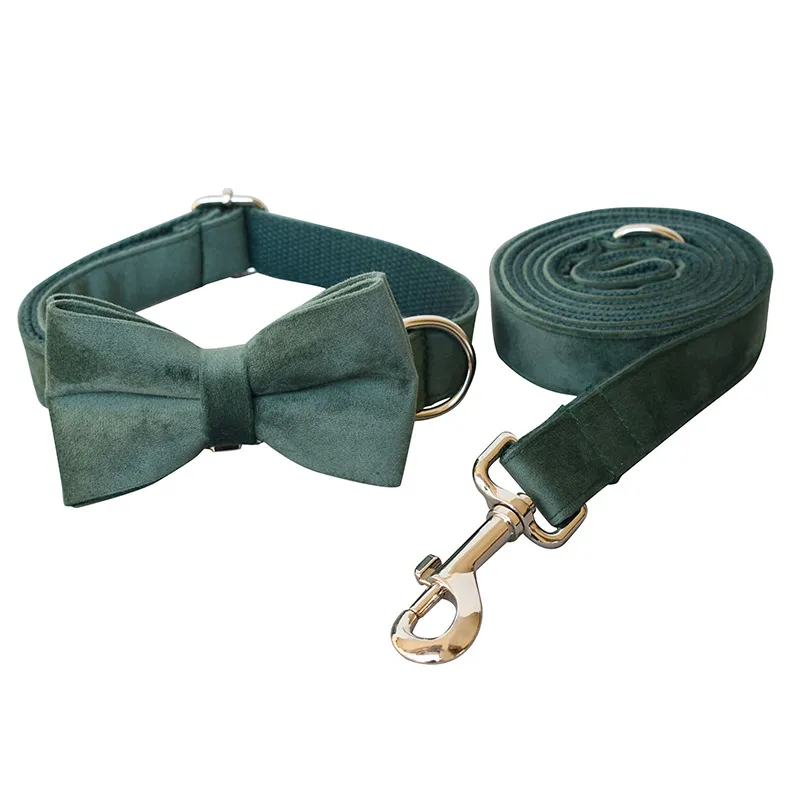 Green Velvet Dog Collar Dog Leash Pet Collar - Bow Tie Package