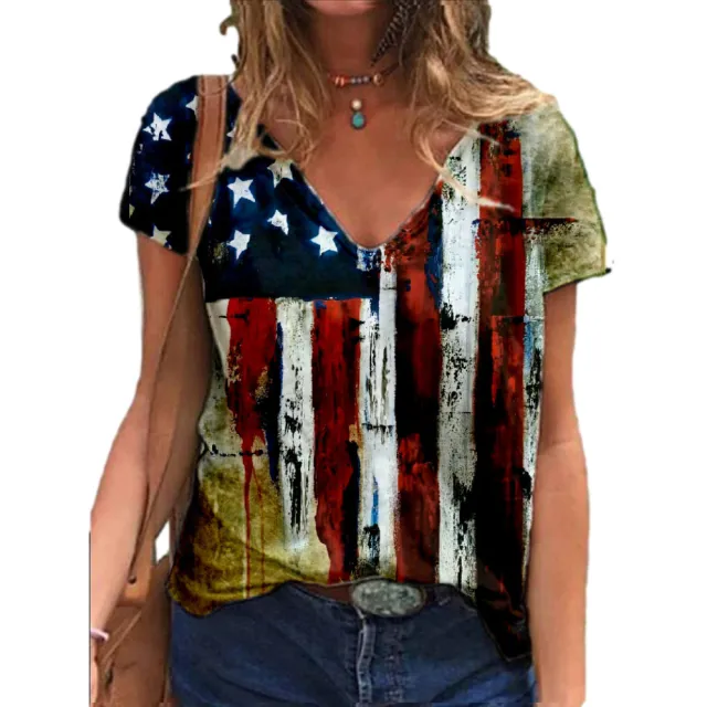National Flag Independence Day FlagV neck Short sleeved Printed T shirt Women Design Two - Shop at LoveMi