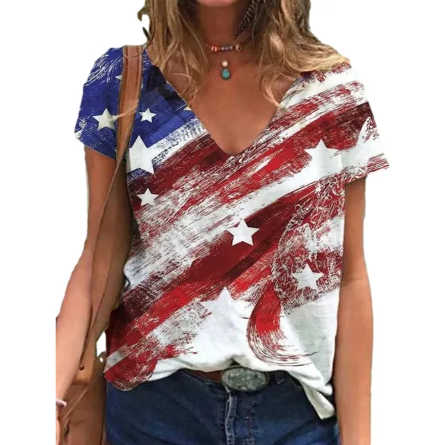 National Flag Independence Day FlagV neck Short sleeved Printed T shirt Women Design One - Shop at LoveMi