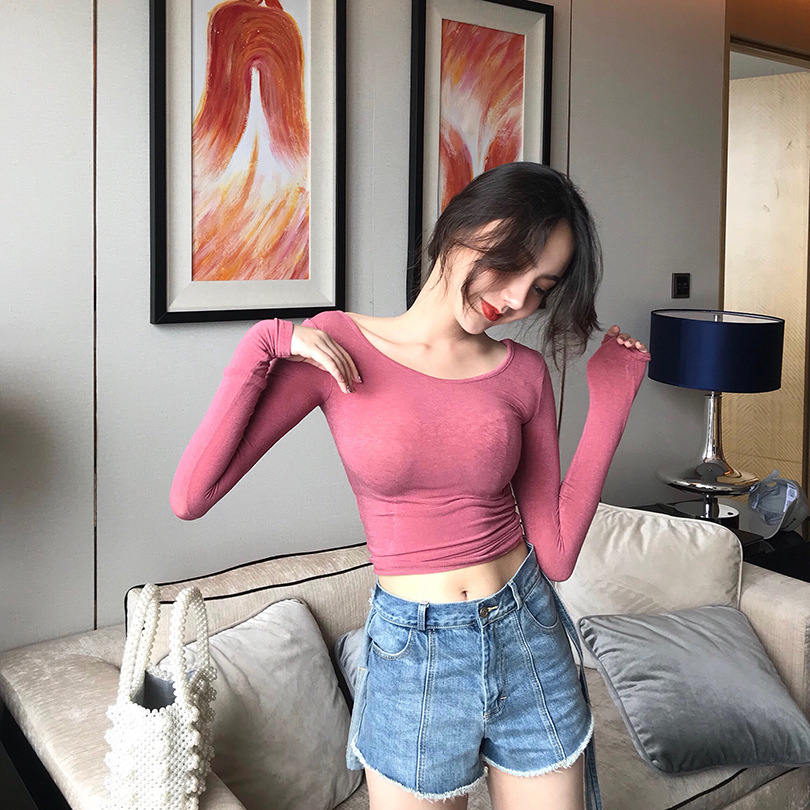 Autumn Retro Low Short Round Neck Blouse Slim Long Sleeves