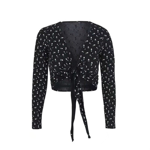 Revealing Figure Printing Solid Color V-neck Two-wear Wrap-around Strap Short Long-sleeved T-shirt Top