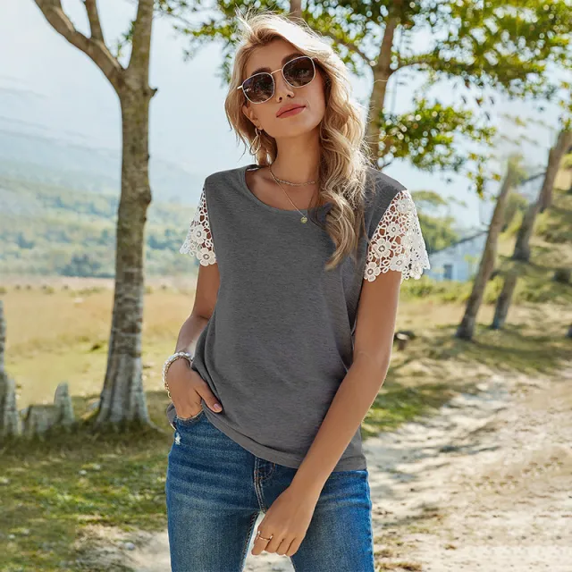 Solid Color Pullover Loose Round Neck Blouse Lace Short Sleeves Dark Grey - Shop at LoveMi