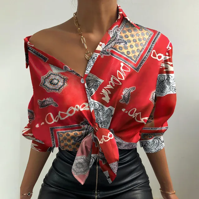 New Fashion Digital Printing Lantern Sleeve Long Sleeve Shirt Women Red - Shop at LoveMi