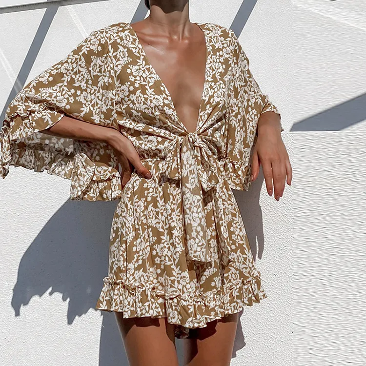 Temperament Printing Deep V Lace Ruffled Jumpsuit Women - Khaki