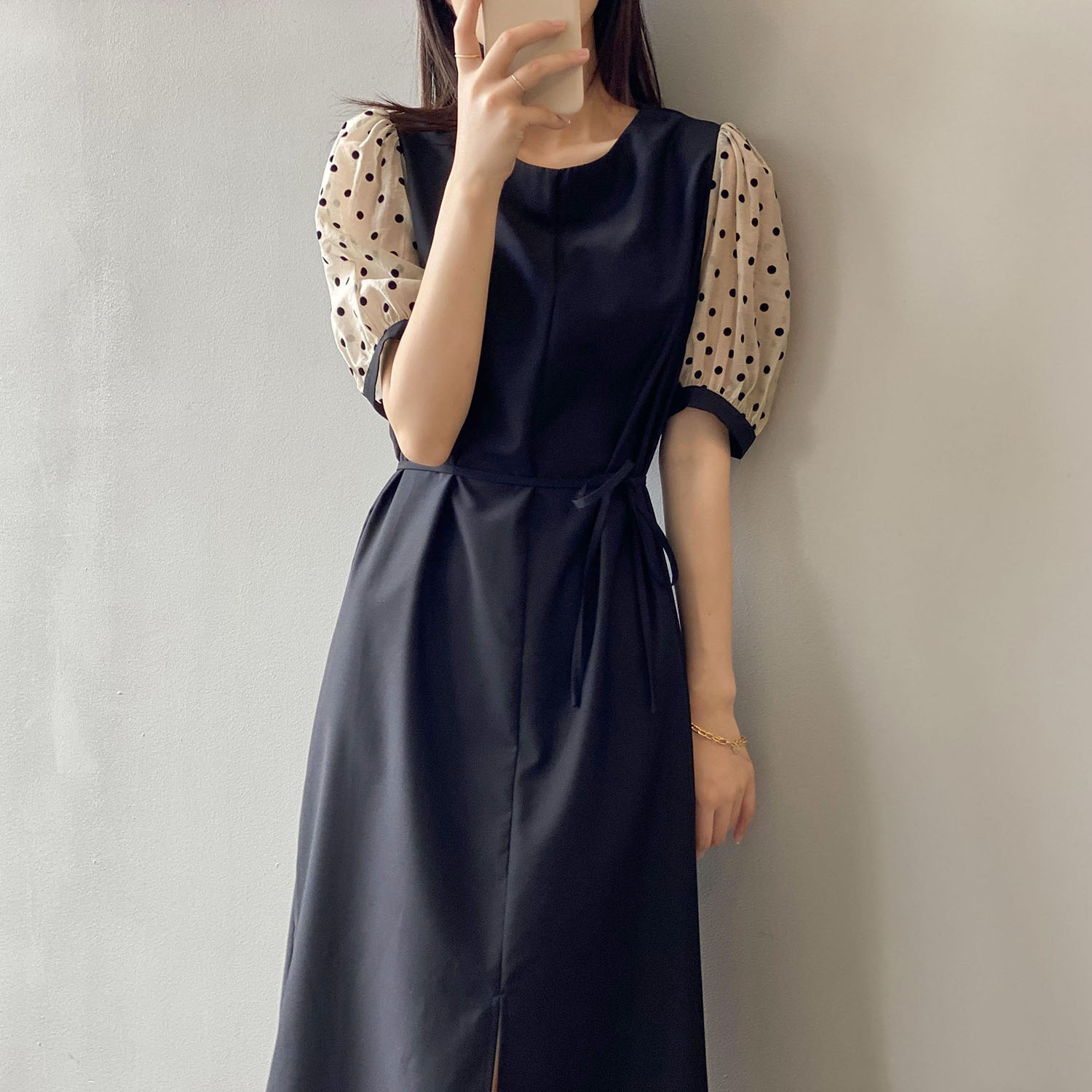 Puff Sleeve Stitching Lace Dress