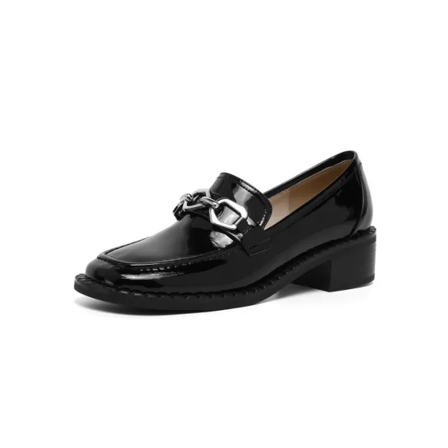 Flat Loafer Women's Thick Heel Spring New Big Head Leather Shoes Black - Shop at LoveMi