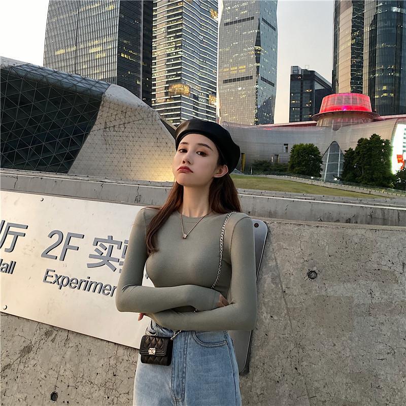 Round Collar Turtleneck Slim Show Navel Long Sleeve Bottom Shirt