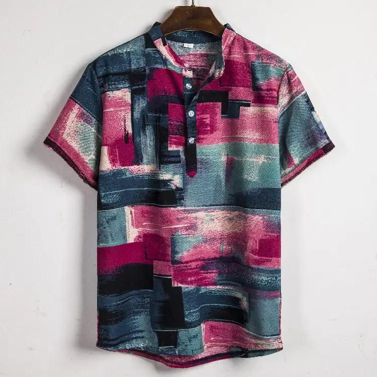 New Men's Short-sleeved Linen Shirt Indian Ethnic Style Men's Floral Shirt