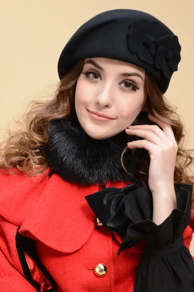 Cute Fashion Double Flower Autumn And Winter Woolen Beret Black - Shop at LoveMi