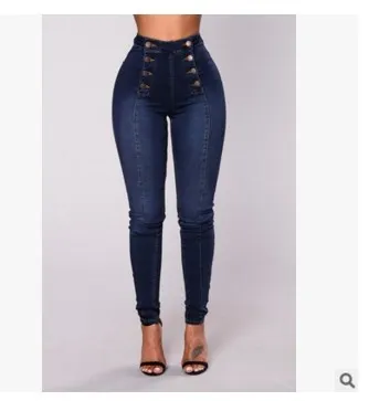 High waisted Casual Jeans Trousers Double Row Multi button Light Blue - Shop at LoveMi