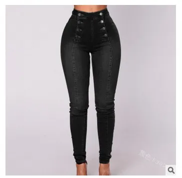 High waisted Casual Jeans Trousers Double Row Multi button Black - Shop at LoveMi