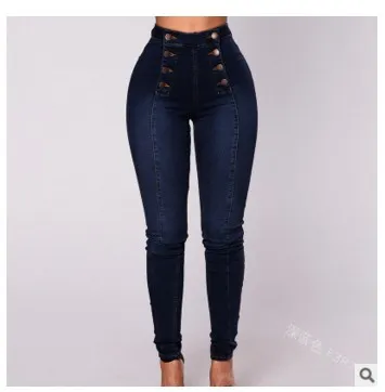 High waisted Casual Jeans Trousers Double Row Multi button Dark Blue - Shop at LoveMi