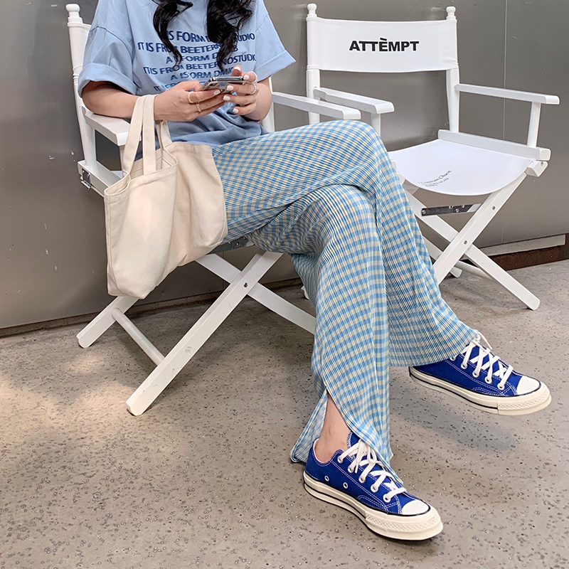 Blue Plaid Slit Casual Wide Leg Pants