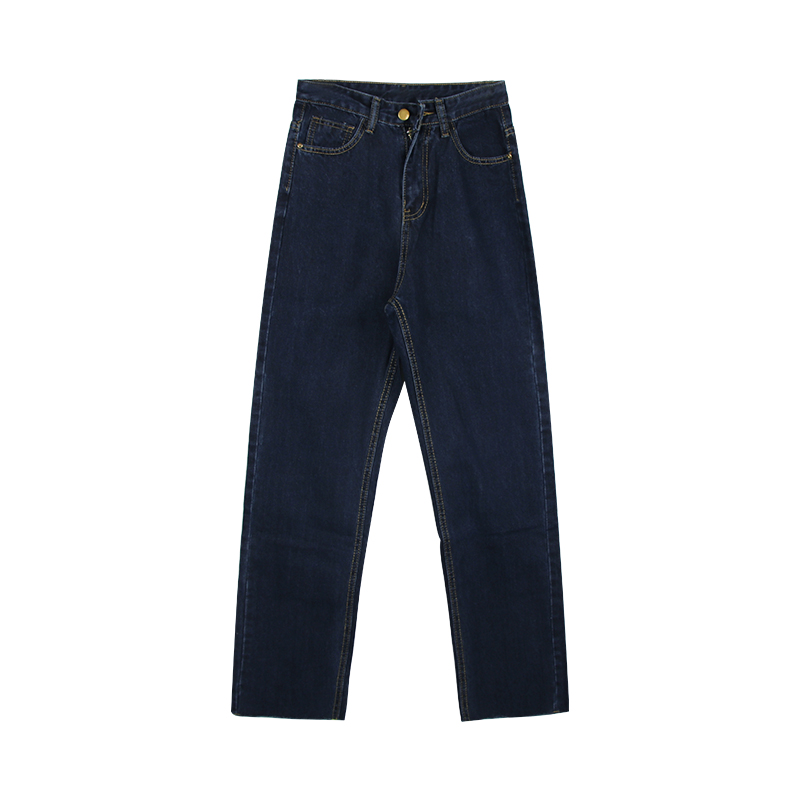 Dark Blue Rolled Jeans Loose And Thin High waisted Retro Straight leg Pants Dark Blue - Shop at LoveMi