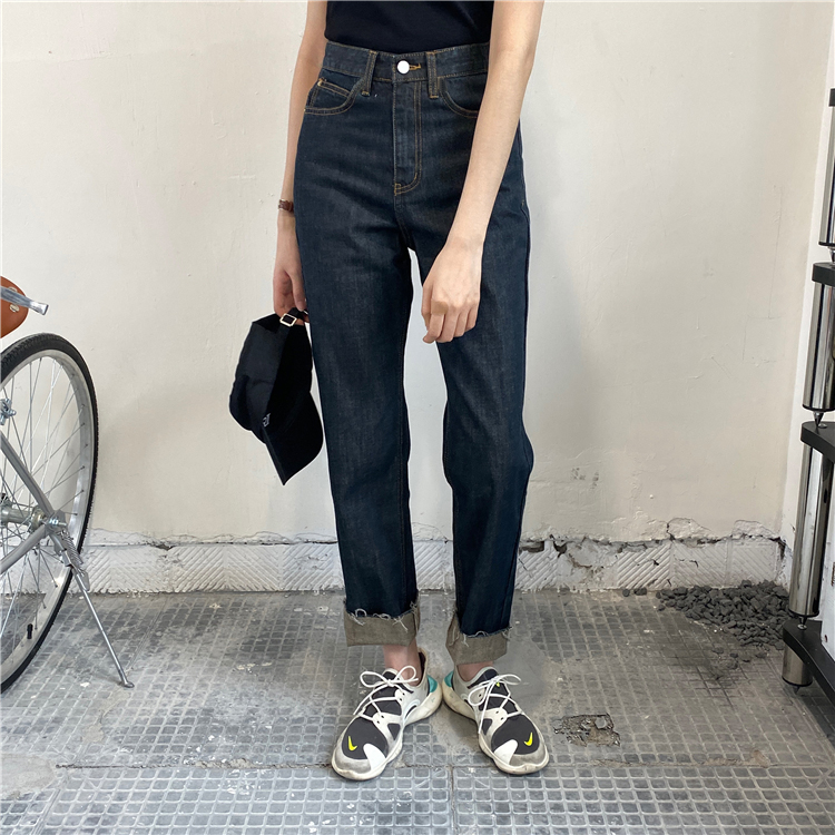 Dark Blue Rolled Jeans Loose And Thin High-waisted Retro Straight-leg Pants