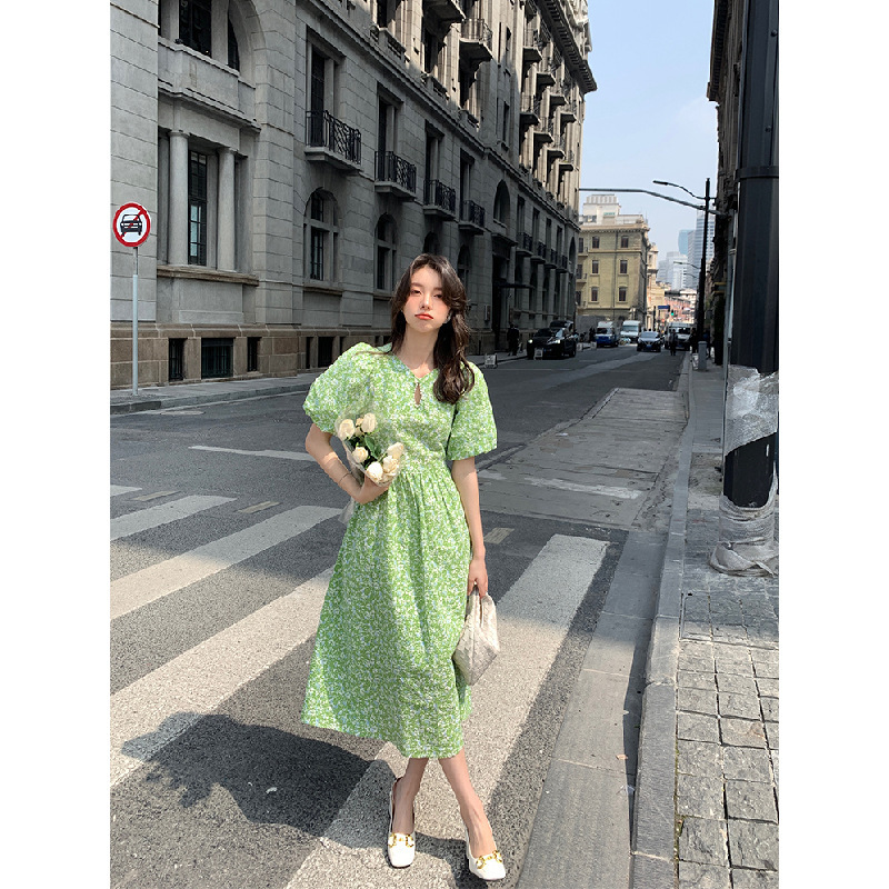 Puff-Sleeve A-Line Midi Dress